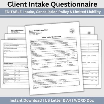 3 in 1 Client Intake Questionnaire for Counseling Office WORD Doc