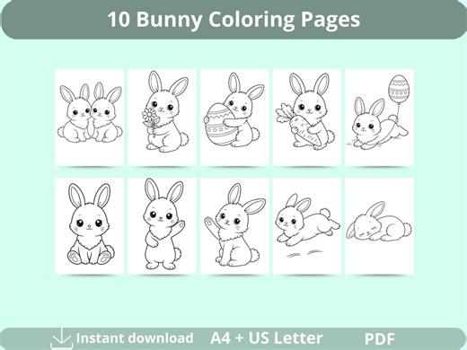 10 Bunny Coloring Pages Printable PDF, Easter Rabbit Coloring Sheets for Kids - Etsy