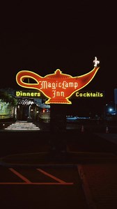 The flame at Magic Lamp Inn is back! 🔥 Magic Lamp Inn opened in 1955 on Historic Route 66 in Rancho Cucamonga. It closed in 2023. But there are plans to reopen it, which included fixing up the neon sign outside! Not sure when the restaurant will reopen, but I’ll definitely be there when it does! | Merch Motel