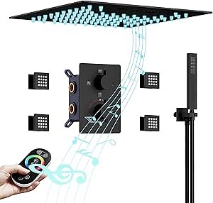 Rain Shower System, Thermostatic Shower System with Body Jets, Full Body Ceiling Mount shower Jets system in Wall,12 Inch Matte Black Shower System with LED and Music