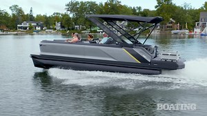 38K views · 205 reactions | There’s 38 square feet of wide-open aft deck space aboard Manitou’s Explore 24 MAX Navigator. Thank the concealed Rotax outboard for that acreage. Available in 115 and 150 hp ratings, our test boat’s 150 delivered a top speed of 35 mph. Acceleration? We clocked zero to 30 mph in 12.8 seconds. We noted smooth idling and living-room-quiet running from this two-stroke engine. Dynamic Power Steering (electrically assisted) is standard. | Boating Magazine | Facebook
