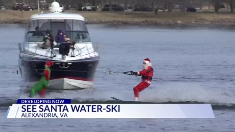 Santa water-skiing on Potomac River in Alexandria Christmas Eve