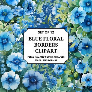 Blue Floral Borders Clipart | Watercolor Flower PNG Overlays | Digital Floral Clip Art for Invitations, Cards & Scrapbooking - Etsy Canada