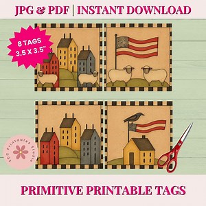 Primitive Americana Saltbox Houses, Sheep, Crow, Sunflowers Printable Gift Tags, Collage Sheet for Junk Journal, Scrapbooking Prim Labels - Etsy