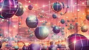 Network of geometric spheres interconnected by lines. Abstract orbs with glowing connections in a warm ambiance. Concept of networking, connectivity, data, cyber space, and fantasy world. Motion Stock Video