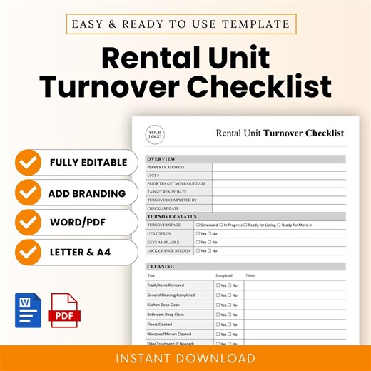 Rental Unit Turnover Checklist Template – Word & PDF, A4   US Letter - Etsy