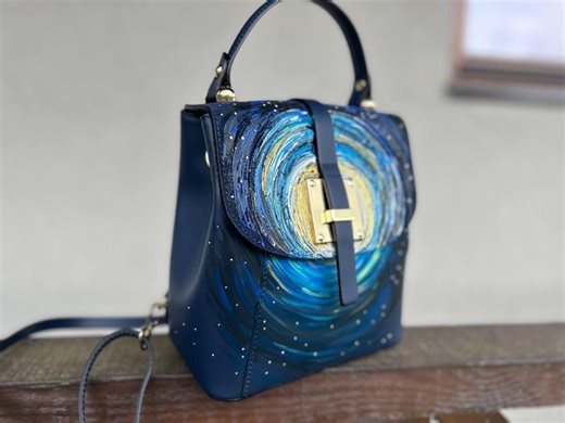 Navy blue leather backpack women Convertible backpack purse Starry Night hand-painted art