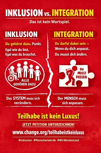 Inklusion vs. Integration – das ist kein Wortspiel Diese Begriffe werden oft verwechselt. Dabei ist der Unterschied entscheidend. Integration heißt: Du darfst dazugehören – wenn du dich anpasst. Wenn du mithältst. Wenn du nicht zu sehr störst. Wenn du dich in ein bestehendes System einfügst. Das System bleibt gleich. Der Mensch muss sich verändern. Inklusion heißt etwas völlig anderes: Du gehörst dazu. Punkt. Egal wie du bist. Egal was du brauchst. Hier verändert sich das System, nicht der Mensc