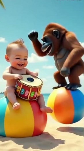 "Baby & Gorilla’s Epic Beach Ball Dhol Party! 🥁🏖️"