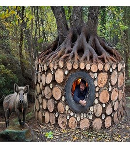 Building a Forest Shelter from Logs Wild Boar Attacks at Night | Finest Cabins