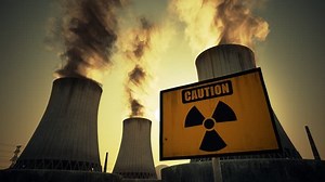 Nuclear power plant caution sign mounted at the foot of three large tall cement chimneys exhausting smoke and fumes into the atmosphere, Sunset.
