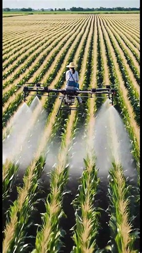 Spraying process of water on crops with a large drone