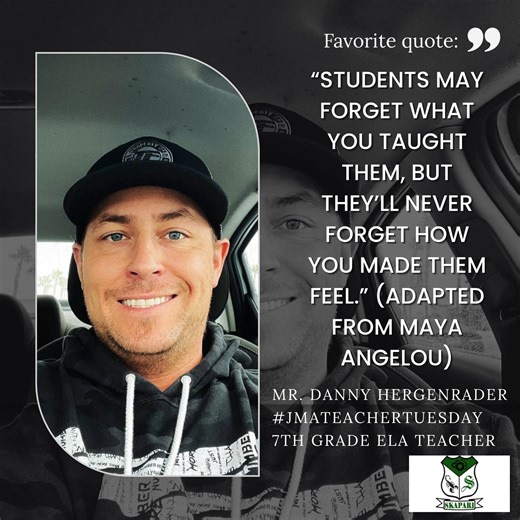 #JMATeacherTuesday would like to welcome Mr. D. Hergenrader to the JMA campus this year as our 7th grade English Language Arts teacher. He has been teaching for 10 years, and we are happy that he has made JMA his new home. He loves books from many different genres, including classics like The Great Gatsby, biographies of famous leaders, memoirs, historical fiction, and books about teaching. Welcome to JMA, Mr. H! 📚📝 | Jo Mackey ILead Academy for the Digital Sciences