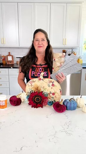Dollar Tree DIY Fall Decor! Craft this with Mod Podge, sticky wall tiles and tissue paper. I love how the texture pops in this cute pumpkin! #dollartreediy #dollartree #crafts #tutorial #modpodge #diy #craftideas #handmade | Handmade Happy Hour with Cathie Filian