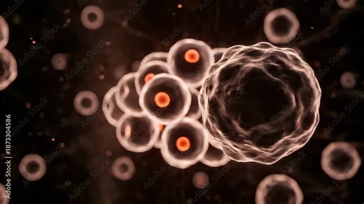 Cell divides into cluster showing embryo development animation. Microscopic cells with nucleus multiply during division. Cell cluster forms embryo. Animation shows cell division with nucleus visible.