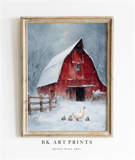 Winter Barn Wall Art Print, Red Farmhouse Painting, Snowy Country Decor - Etsy