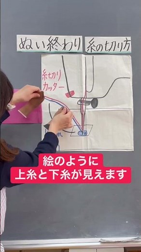 【家庭科ミシン縫いの基本】返し縫いまでできたら、おさえを上げて、布を左に動かします。両手で上糸と下糸を持って、ミシンのカッターで切ります。