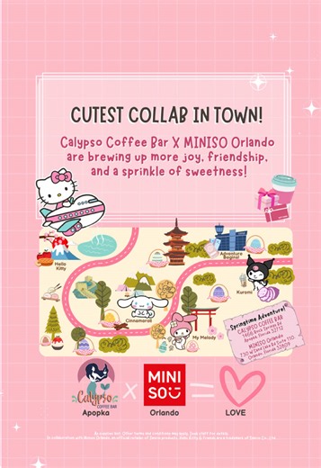 🌟✨When Small Business meets BIG Dreams! ✨🌟 We’re thrilled to Collab with @miniso_orlando, an official retailer of Sanrio products, to bring you this adorable Limited-Time Springtime Adventure featuring Hello Kitty-inspired drinks! ! 🎀 AND with each purchase of a Hello Kitty-inspired drink, you’ll receive one MINISO Orlando Redemption Gift Card! Don’t miss out on the fun – STARTS Saturday, April 12th, 2025! Read more below… Stop by in-store at Calypso Coffee Bar during this Springtime Adventur