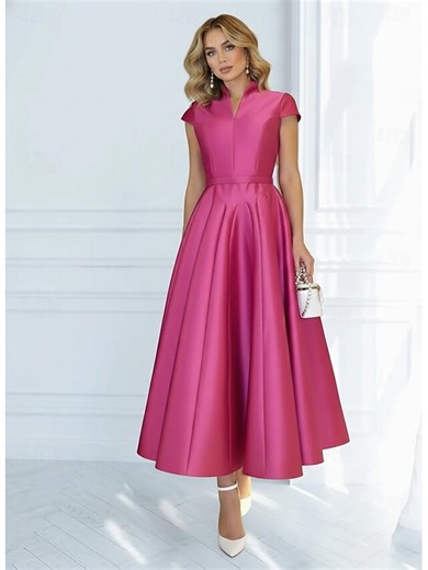 A-Line Tea Length Cocktail Dresses Prom Dresses Elegant Short Sleeve V Neck Formal Wedding Satin with Ruffles 2025 2025