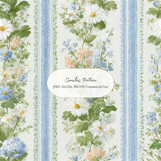Blue Daisy Stripe Seamless Pattern l Cottagecore Vintage Mood Digital Paper Shabby Chic Wrapping Botanical Background 12x12in JPEG