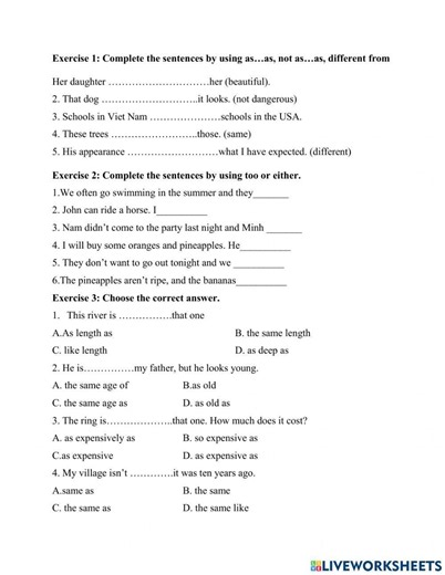 As as, the same as, different from worksheet