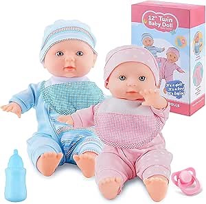 SMILESSKIDDO Twin Baby Dolls - 12 inch Two Soft Body Doll with Rompers, Hat and Pacifier, Doll Bibs, Dolls Play Set for 2 3 4 5 Year Old Boys and Girls Gift