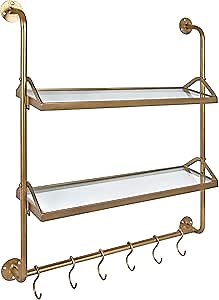Kate and Laurel Marit Modern Industrial Wall Shelf with Metal Pipe Supports and Glass Shelves, Gold