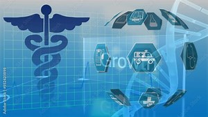 Animation of medical caduceus symbol, icons in hexagon forming globe, dna helix over multiple texts