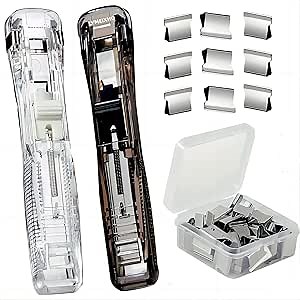 2 Pack Portable Handheld Paper Clam Clip Dispenser with 100 Reusable Stainless Steel Metal Refill Clips, Fast Paper Clipper for Desk File Office Home School