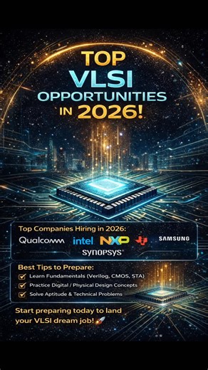 VLSI Physical Design | Jobs on Instagram: "🚀 VLSI Opportunities in 2026 – Don’t Miss This! The semiconductor boom is real 💥 Top companies are actively hiring for SoC, Verification, Physical Design & DFT roles in 2026. 🏢 Top VLSI Companies to Target: • Qualcomm • Intel • NXP Semiconductors • Samsung • Synopsys 📚 How to Prepare Smartly: ✔ Master fundamentals: CMOS, Verilog, STA ✔ Strengthen Digital & Physical Design concepts ✔ Practice aptitude + technical interview questions ✔ Build hands-on 