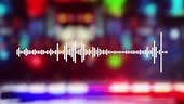 Police radio voice sound waveform. Patrol vehicle red and blue strobe...