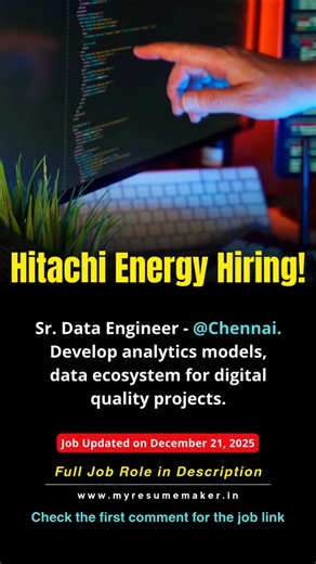 Sr Data Engineer at Hitachi Energy Chennai — build analytics models! Position : Sr. Data Engineer 📍 Location: Chennai, Tamil Nadu, India 🗓️ Date Posted: Dec 19, 2025 📌 Job ID: R0107923 Description: Develop analytics models, data ecosystem for digital quality projects supporting manufacturing and digitization. Skills Required: Python/R/SQL, data modeling, machine learning, analytics, problem solving. Eligibility: Bachelor’s/Master’s in Data Science/Computer Science 5 yrs experience. Official S