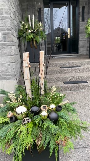 Vanessa Monardo on Instagram: "Save this look for a modern take on your holiday planters! The mixture of matte and shiny ornaments gives a sophisticated feel. A mix of some traditional aspects for a modern take! #christmas #blackandgold #holiday #planter #planters #diyplanter #holidaydecor #holidaydecorating"