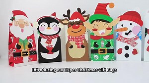 12pcs Christmas Gift Bags Xmas Cartoon Character Printed Paper Treat Stickers Candy Goody Bags Food Party Favors Holiday Party