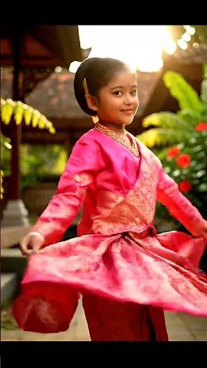 A Girl Kid showing her Malaysian Cultural & Traditional Pink Dress with a folk music