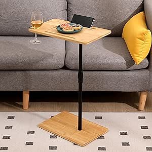 C-Shaped End Table with Slots 2 Tier Sofa Side Table，Bamboo Height Adjustable Couch Tray Table for Living Room & Bedroom for Small Space (Modern)