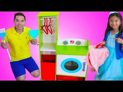 Wendy Pretend Play CLEANING with her Giant Washing Machine & Cleaning Toys