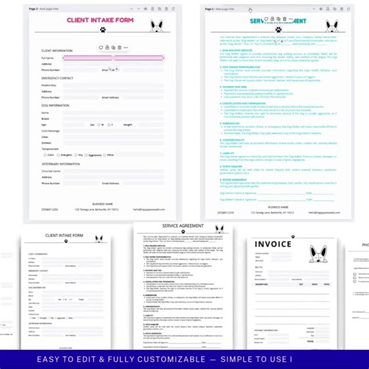 Dog Walking Business Forms: Client Intake, Service Agreement, Invoice, Photo/video Release (canva Templates) - Etsy UK