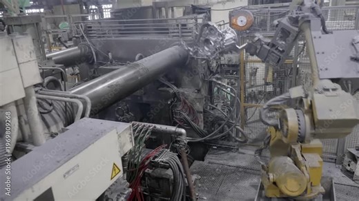 Wide shot of a robotic die-casting cell with an automated arm extracting a freshly cast aluminum engine component