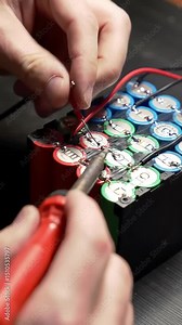 Assembling a lithium ion battery pack with soldering iron and connecting wires closeup