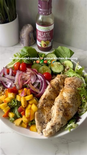 4.7K views · 22 reactions | Summer salad that's FULL of protein, summer produce, and a balsamic dressing made with avocado oil, not soy or canola. Ingredients: - 1 cup cooked rainbow quinoa - Cherry tomatoes, halved - Japanese cucumbers, thinly sliced - Sliced peaches - Red onion - Grilled chicken - Finished with a drizzle of Primal Kitchen Balsamic Vinaigrette @christine.in.remission | Primal Kitchen | Facebook