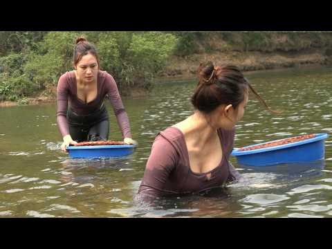 In the morning, we search for crabs and snails in the middle of the river.