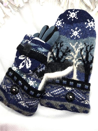 Upcycled Felted Icelandic Sweater Glittens - Blue Winter Forest Convertible Flip-top Mittens - Women's Medium - Etsy