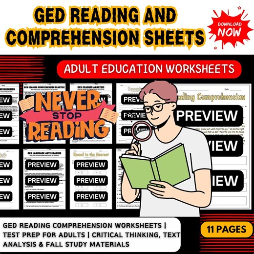 GED Reading Comprehension Worksheets: Adult Test Prep, Text Analysis + Math Bonus Sheets - Etsy