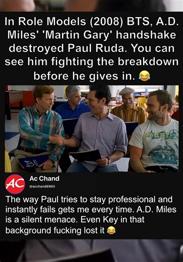 In Role Models (2008) BTS, A.D. Miles' 'Martin Gary' handshake destroyed Paul Ruda. You can see him fighting the breakdown before he gives in. #trending #clip