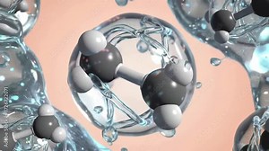 A scientific 3D animation showing an ethane molecule encapsulated within a dynamic water cage representing a clathrate hydrate or solvation shell in an aqueous solution on a microscopic level. Stock ビデオ