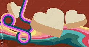 Retro 70s Background with hearts. Groovy Valentine's Day 1970s art video. Minimalistic Vintage design animation. Old-fashioned color artwork.