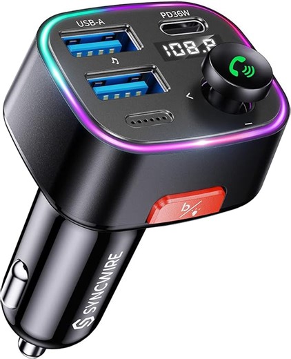 Syncwire FM Transmitter Auto Bluetooth 5.4 48W (PD 36W & 12W) Bluetooth Adapter Auto mit [Lichtschalter] [HiFi-Bass-Sound] [Schnellladen] Freisprecheinrichtung Autoladegerät Zigarettenanzünder