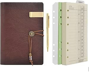 WONDERPOOL Leather Journal A6 Refillable 6 Ring Binder Notebook with Lined Paper and Pen,Writing Diary for Work Travel and Agenda Plan (A6, Brown)