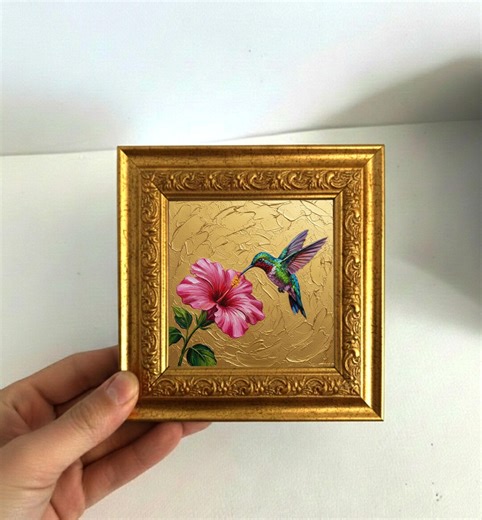 Mini Hummingbird Painting Original Oil Art Small Gold Framed Floral Decor Wall Art - Etsy